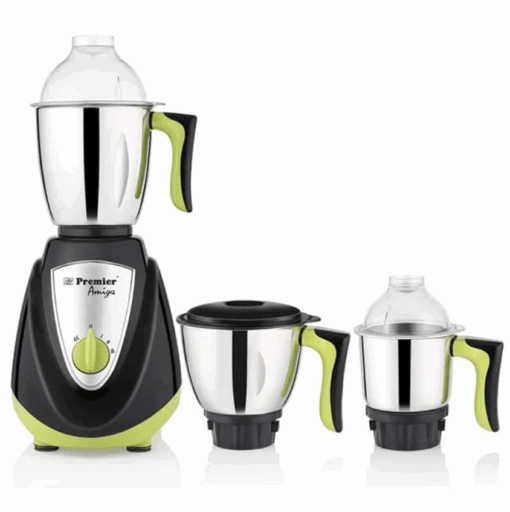Premier Amiga Mixer Grinder with 3 Jars | 3 Stainless Steel Multipurpose Jars | Wet & Dry Grinding Stainless Steel Blade | ABS Body | 750W Powerful Motor | 5 Years Motor Warranty | Black & Green